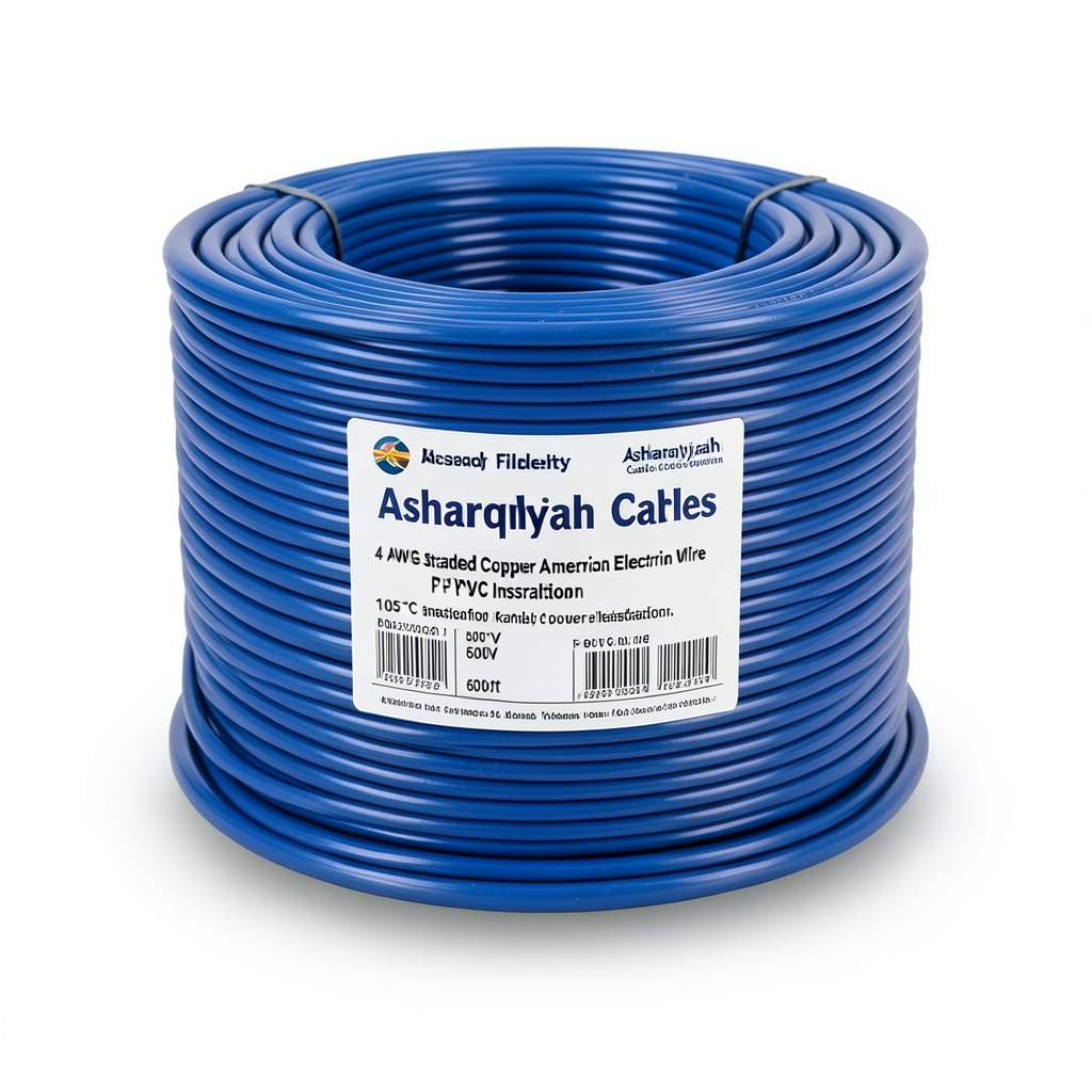 سلك كهرباء امريكي 4 AWG نحاس مجدول عزل PVC 105°C أزرق، 600 فولت، طول 500 قدم | شركة كابلات الشرقية للصناعة