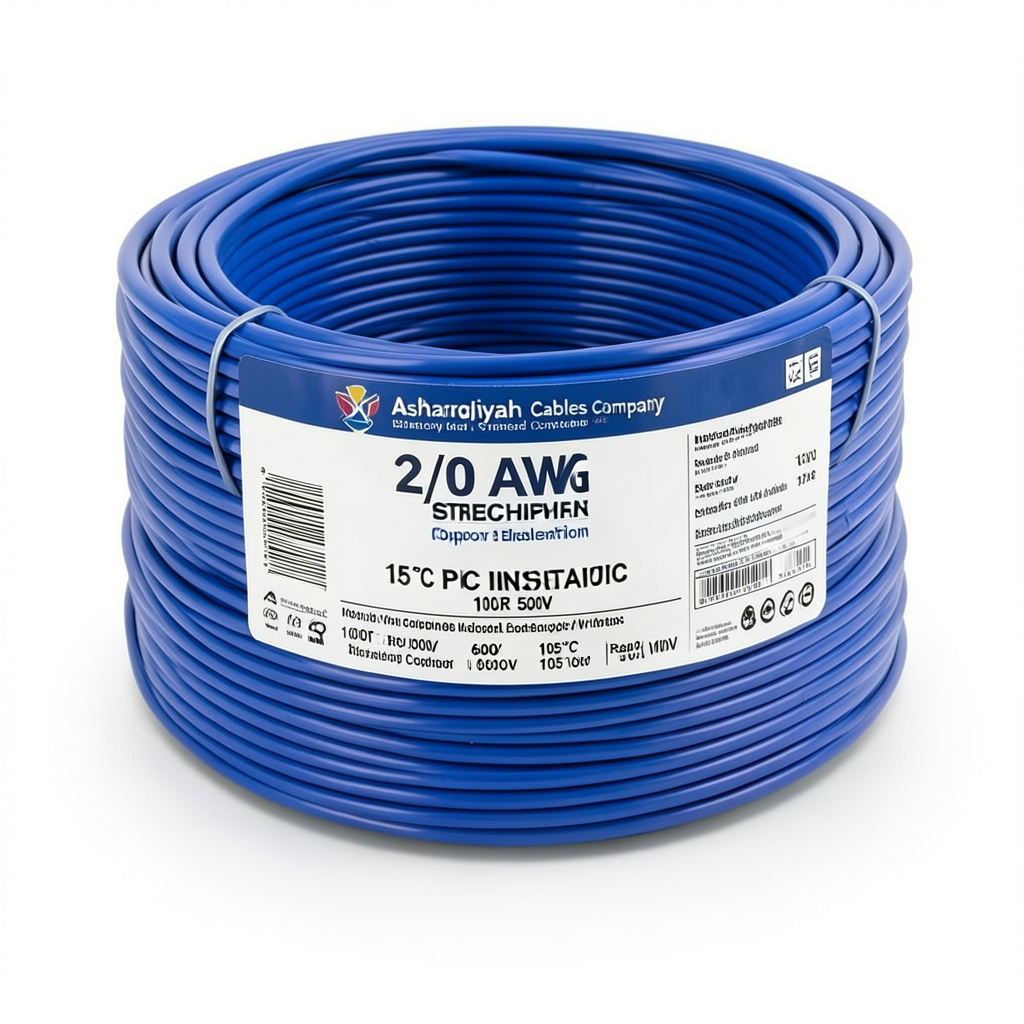 سلك كهربائي أمريكي 2/0 AWG نحاس مجدول معزول PVC 105°C أزرق 600 فولت 500 قدم | شركة كابلات الشرقية للصناعة