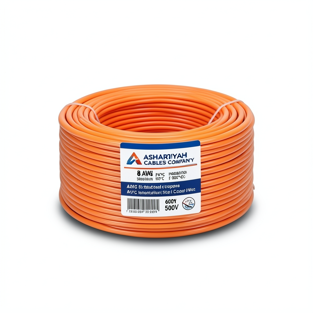 سلك كهرباء امريكي 8 AWG نحاس مجدول معزول PVC 105°C برتقالي، 600 فولت، 500 قدم | شركة كابلات الشرقية للصناعة