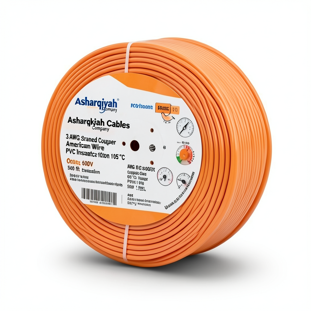 3 AWG Stranded Copper American Electric Wire, PVC Insulation 105°C, Orange, 600V, 500 ft | Asharqiyah Cables Company for Industry