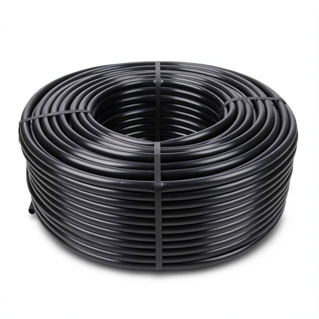 لفة أنابيب HDPE ضغط 12.5 بار PE 80، قطر خارجي 90 ملم، سمك 8.2 ملم، لون أسود