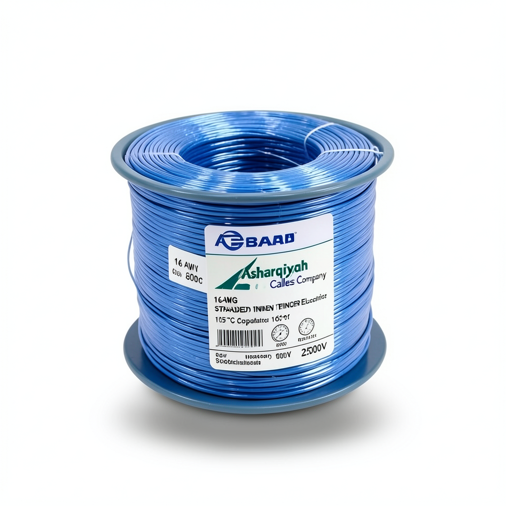 سلك كهرباء نحاس مجدول 16 AWG مطلي بالقصدير، معزول PVC 105°C، ازرق، 600 فولت، 2500 قدم | شركة كابلات الشرقية للصناعة