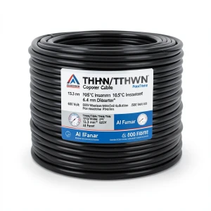 كابل نحاس THHN/THWN عزل PVC 105°C مقاس 13.3 مم² قطر 6.4 مم 600 فولت طول 500 قدم لون أسود | شركة الفنار