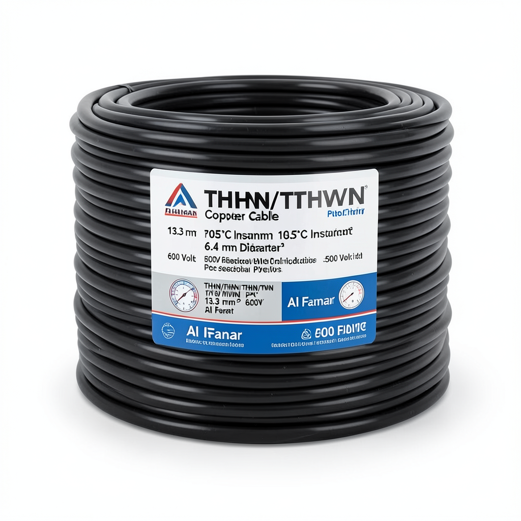 كابل نحاس THHN/THWN عزل PVC 105°C مقاس 13.3 مم² قطر 6.4 مم 600 فولت طول 500 قدم لون أسود | شركة الفنار
