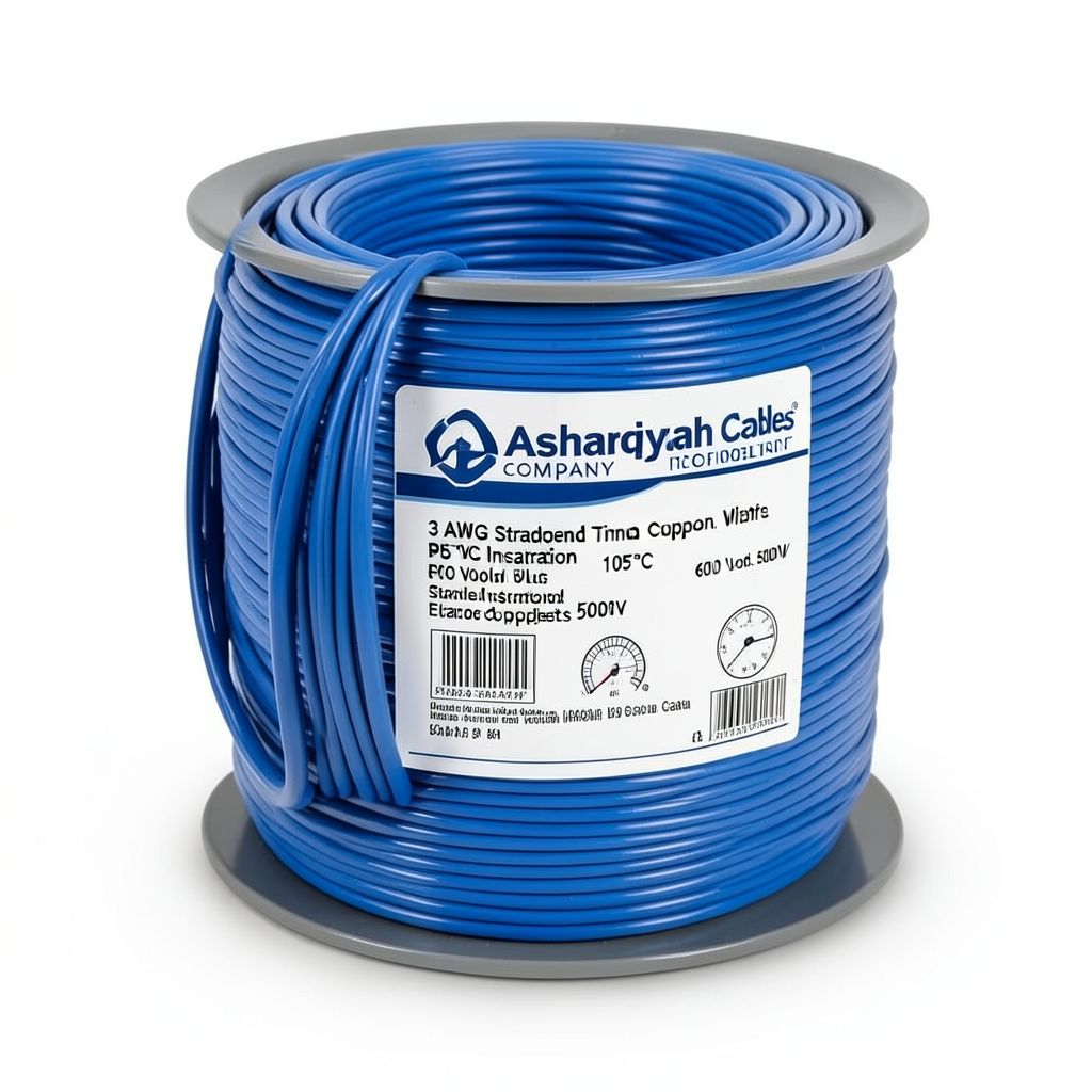 سلك نحاس مجدول 3 AWG مطلي بالقصدير، عزل PVC 105°C، ازرق، 600 فولت، طول 500 قدم | شركة كابلات الشرقية للصناعة