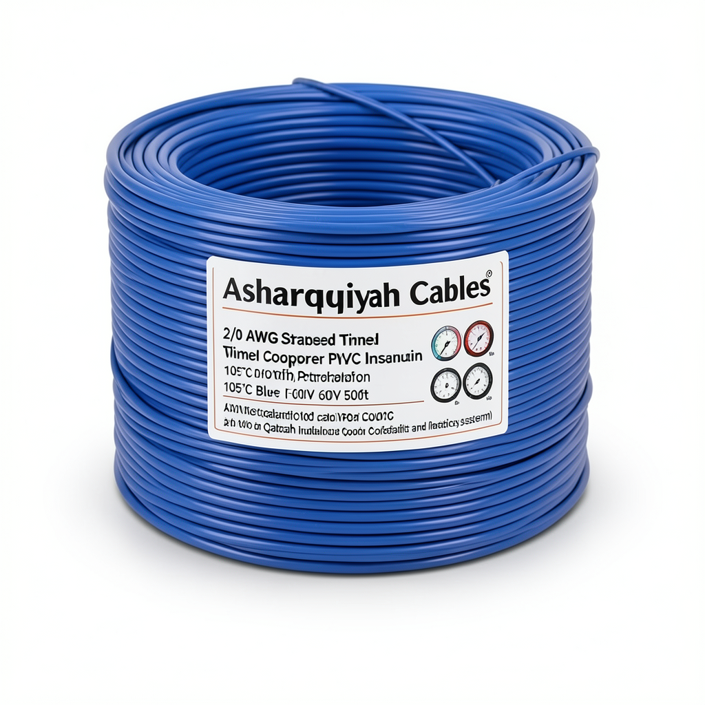 سلك نحاس مجدول 2/0 AWG مطلي بالقصدير عزل PVC 105°C ازرق 600 فولت 500 قدم | شركة كابلات الشرقية للصناعة