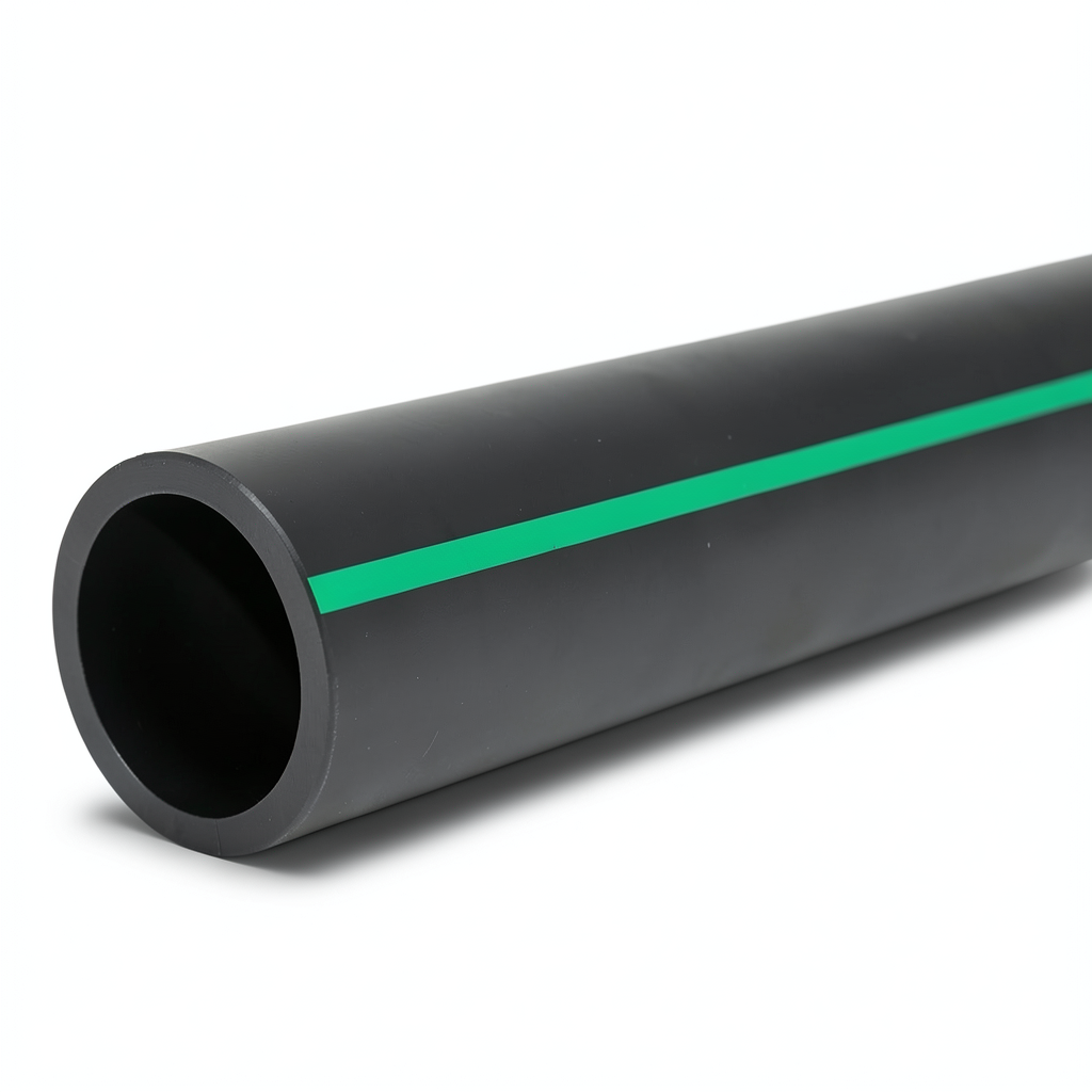 مواسير HDPE بولي ايثيلين ضغط اسمي 4 بار PE63 قطر خارجي 355 مم SDR 26 أسود مع خطوط خضراء