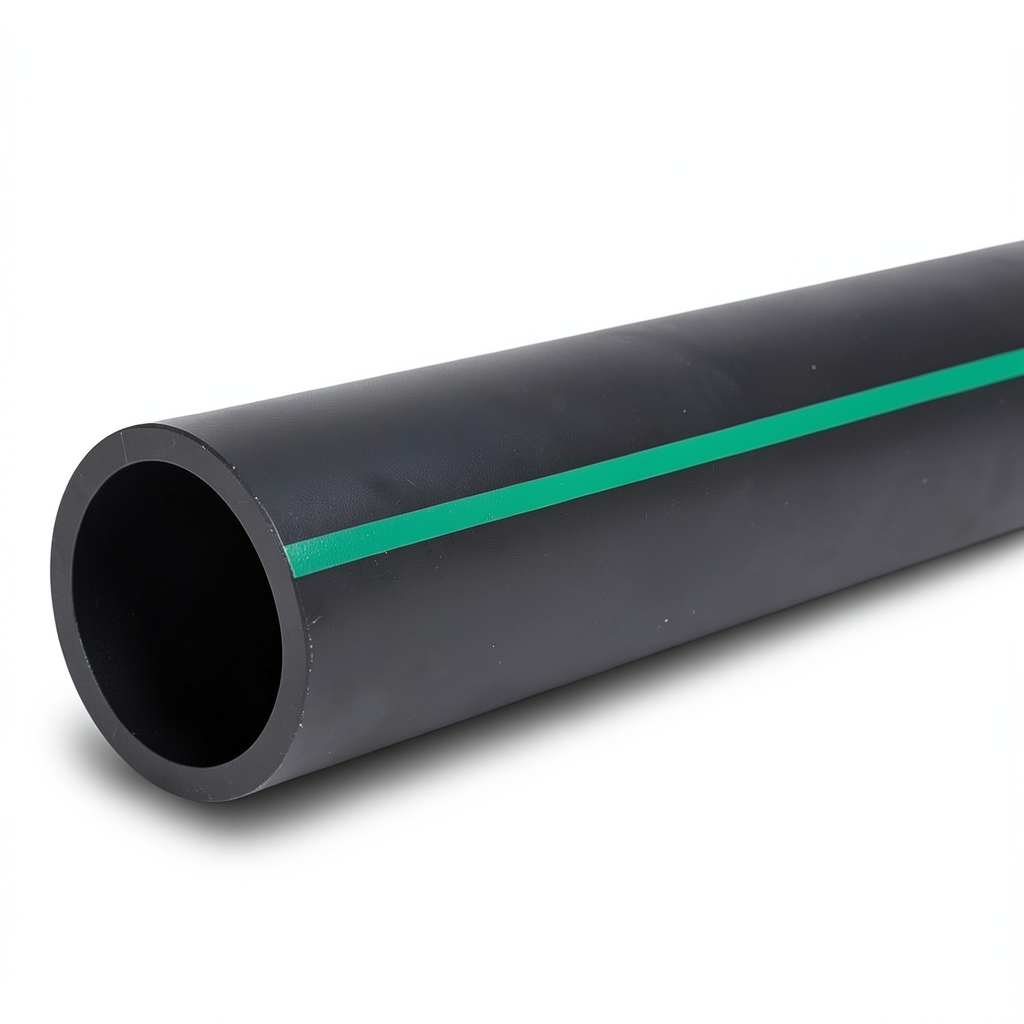 HDPE Polyethylene Pipe PN 4 Bar PE 63, 280 mm OD, SDR 26, Black with Green Stripes