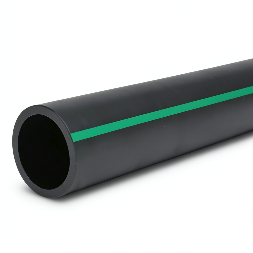 مواسير HDPE ضغط 4 بار PE 63 قطر خارجي 630 مم SDR 26 لون أسود مع خط أخضر