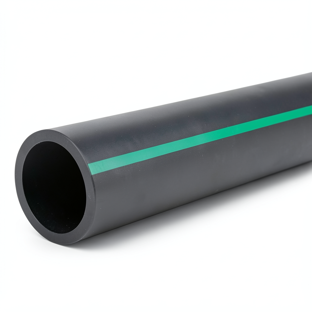 مواسير HDPE ضغط 6 بار PE 63 قطر خارجي 200 مم SDR 17.6 لون اسود مع خط اخضر
