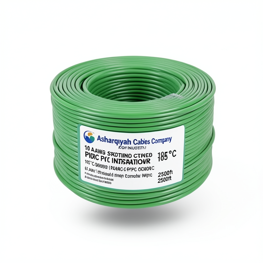 سلك نحاس مجدول 10 AWG مطلي بالقصدير عزل PVC 105°C اخضر 600 فولت طول 2500 قدم | شركة كابلات الشرقية للصناعة