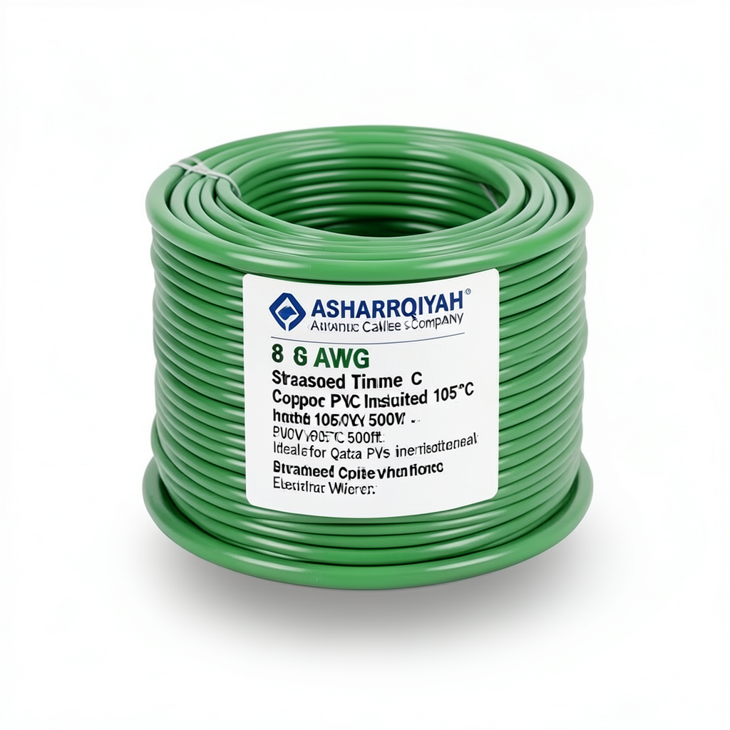 8 AWG Stranded Tinned Copper Electric Wire, PVC Insulated 105°C, Green, 600V, 500ft | Asharqiyah Cables Company for Industry
