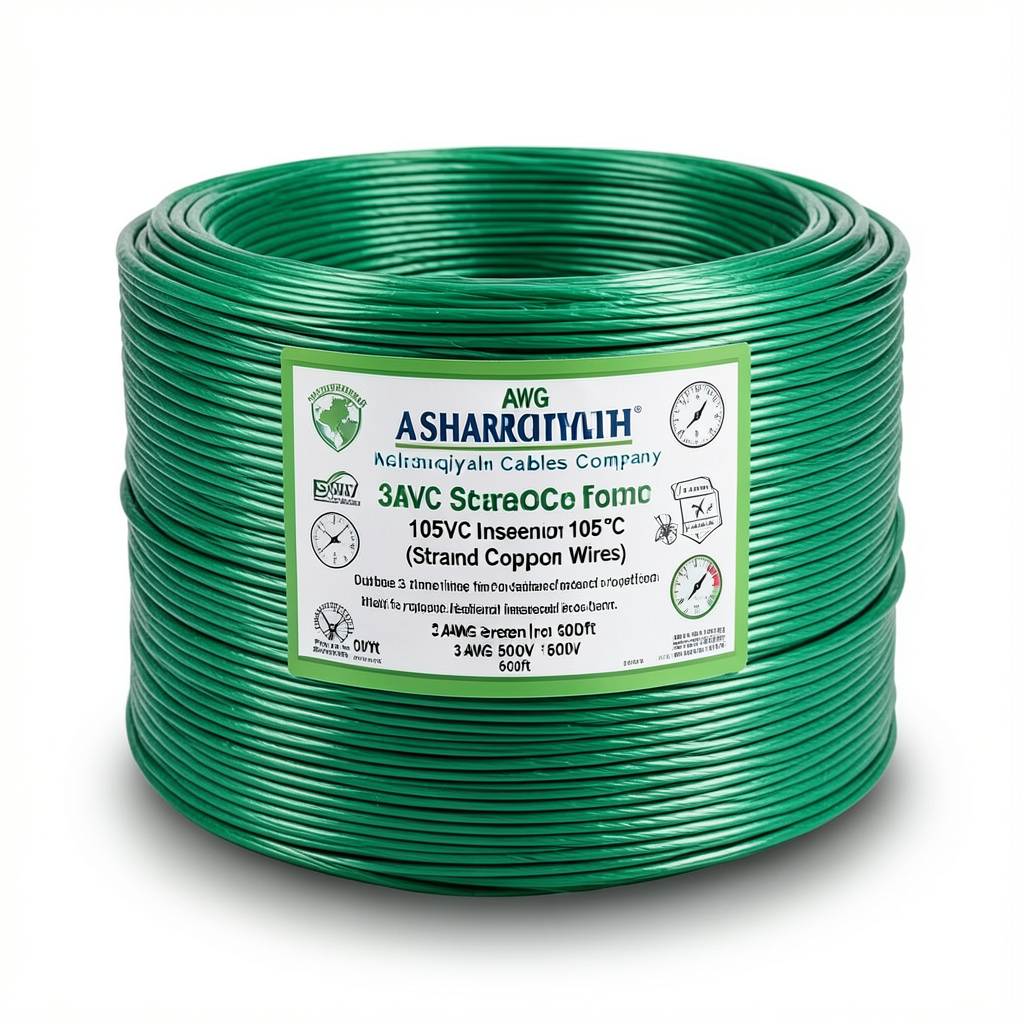 سلك نحاس مجدول 3 AWG مطلي بالقصدير عزل PVC 105°C اخضر 600 فولت 500 قدم | شركة كابلات الشرقية للصناعة