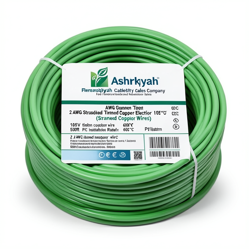 2 AWG Stranded Tinned Copper Electric Wire PVC Insulated 105°C Green 600V 500ft | Asharqiyah Cables Company for Industry