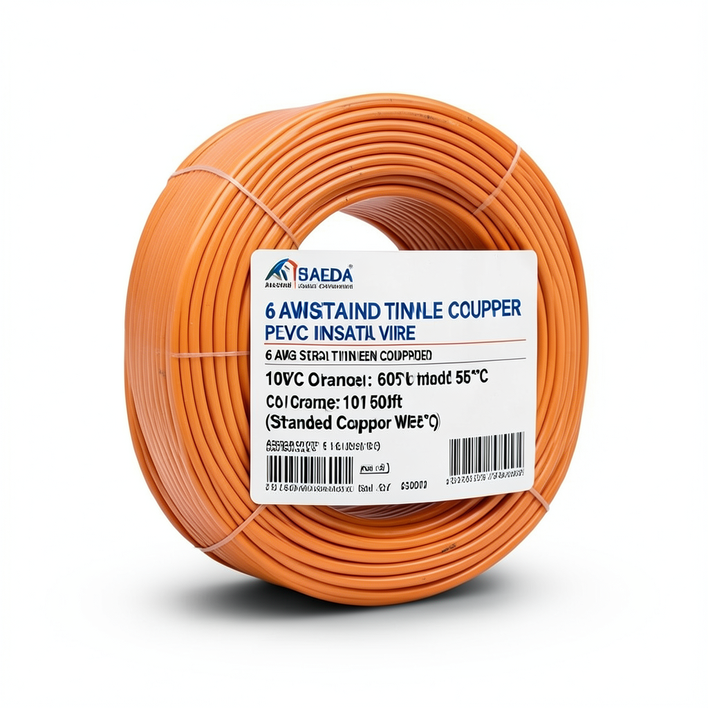 لفة سلك نحاس مجدول 6 AWG مطلي بالقصدير عزل PVC 105°C برتقالى 600 فولت طول 500 قدم | شركة كابلات الشرقية للصناعة