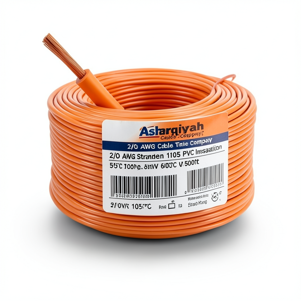 سلك نحاس مجدول 2/0 AWG مطلي بالقصدير عزل PVC 105°C برتقالى 600 فولت 500 قدم | شركة كابلات الشرقية للصناعة