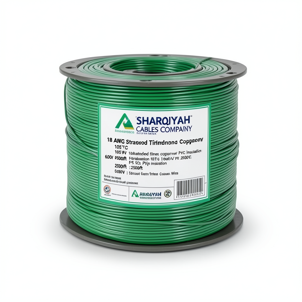 18 AWG Stranded Tinned Copper Wire, PVC Insulation 105°C, Green, 600V, 2500ft | Asharqiyah Cables Company for Industry
