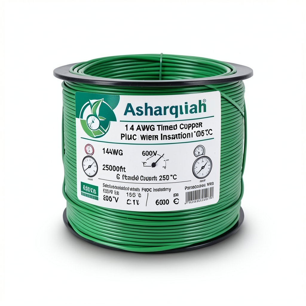 لفة سلك نحاس مجدول 14 AWG مطلي بالقصدير عزل PVC 105°C اخضر 600 فولت طول 2500 قدم | شركة كابلات الشرقية للصناعة