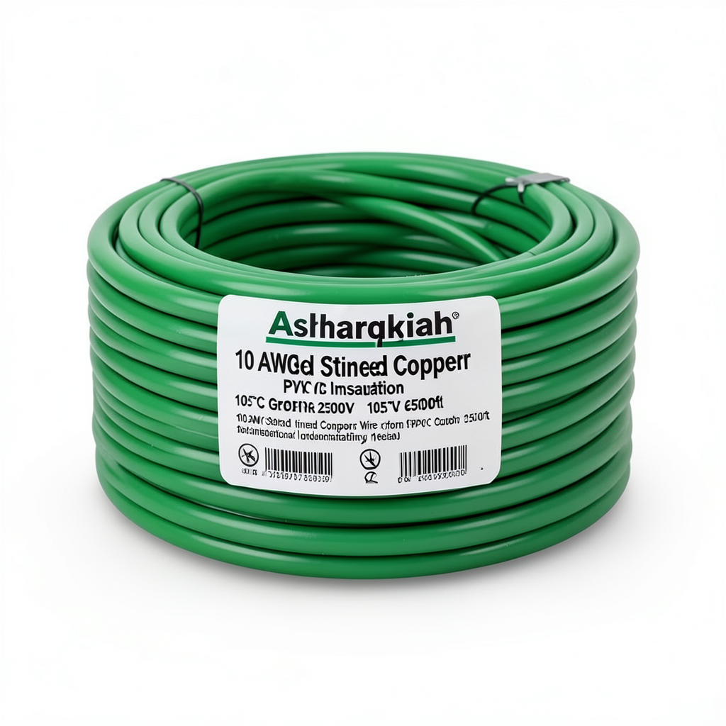 سلك نحاس مجدول 10 AWG مطلي بالقصدير عزل PVC 105°C اخضر 600 فولت طول 2500 قدم | شركة كابلات الشرقية للصناعة