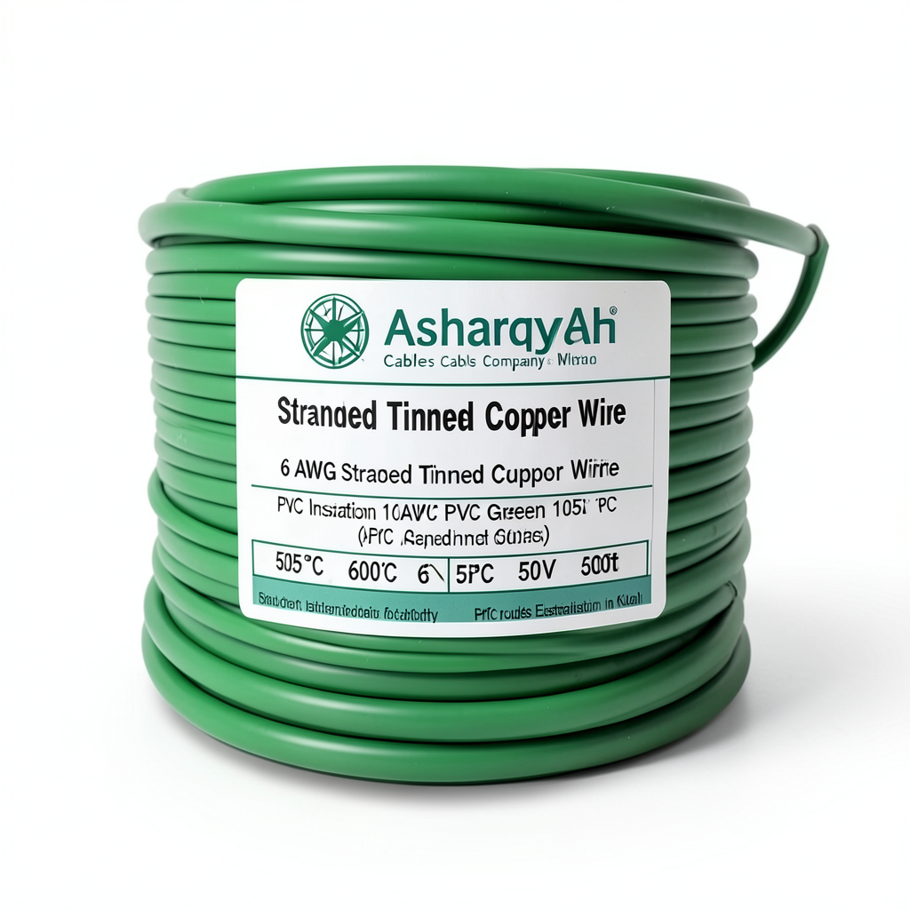 لفة سلك نحاس مجدول 6 AWG مطلي بالقصدير عزل PVC 105°C اخضر 600 فولت 500 قدم | شركة كابلات الشرقية للصناعة