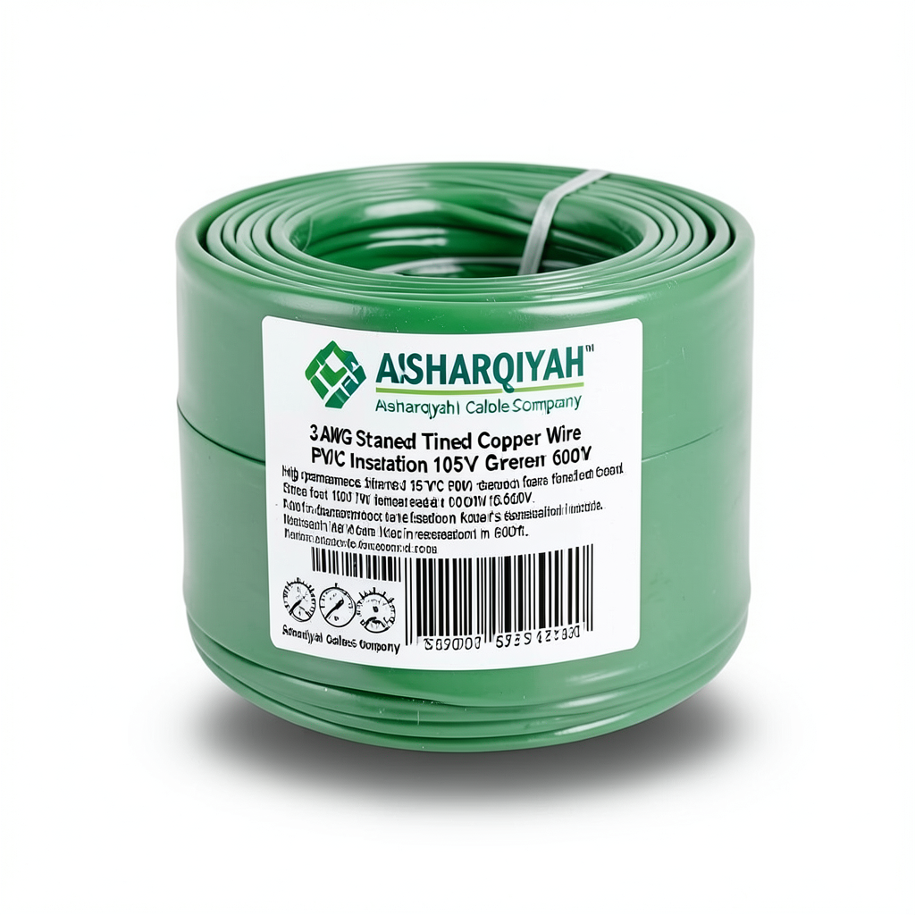 3 AWG Stranded Tinned Copper Wire PVC Insulation 105°C Green 600V 500ft | Asharqiyah Cables Company for Industry