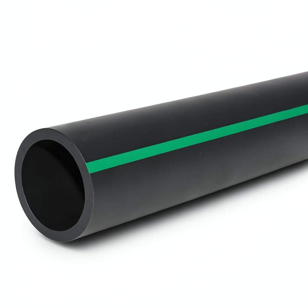 HDPE Plastic Pipe PN 6 Bar PE 63 OD 355 mm SDR 17.6 Black with Green Stripes