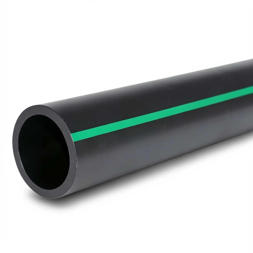 مواسير بلاستيك HDPE ضغط 6 بار PE 63 قطر خارجي 180 مم SDR 17.6 أسود مع خطوط خضراء