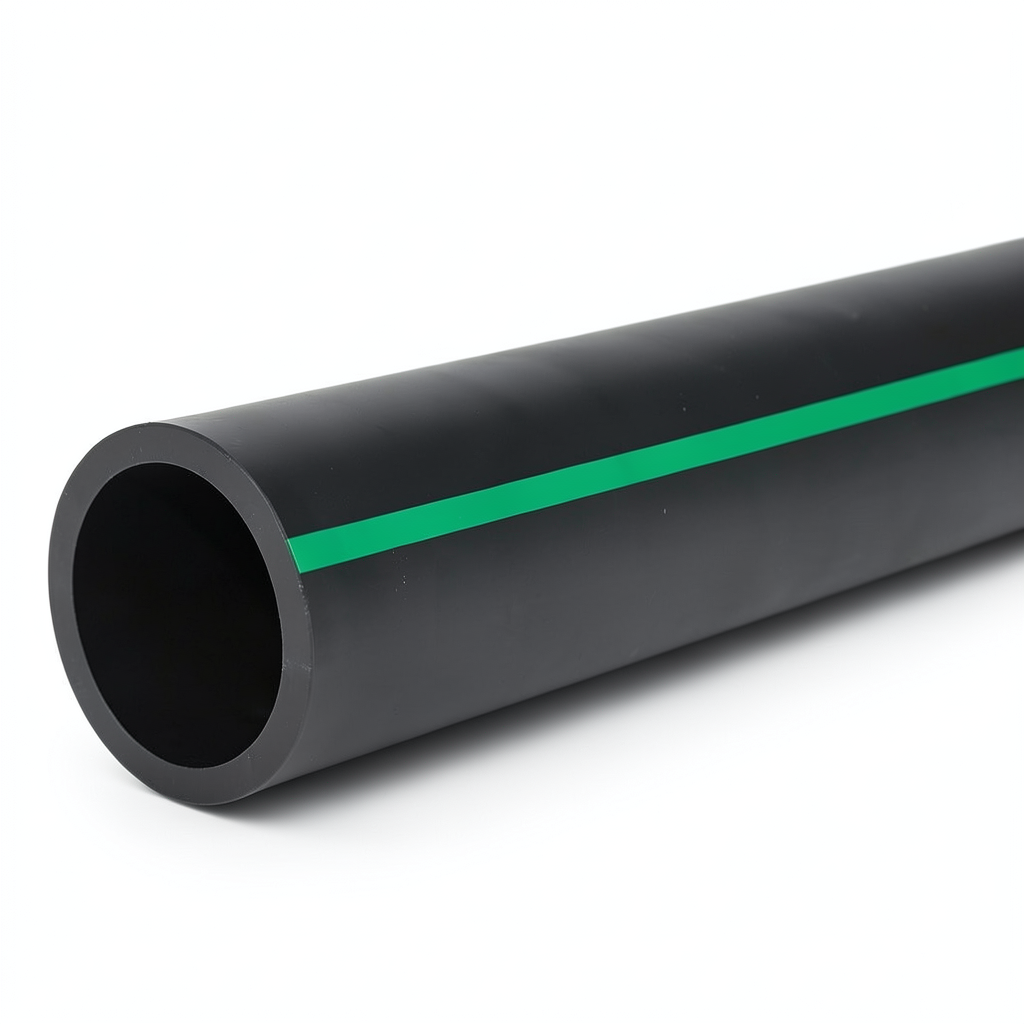 مواسير HDPE ضغط 6 بار PE 63 قطر خارجي 355 مم SDR 17.6 أسود مع خطوط خضراء