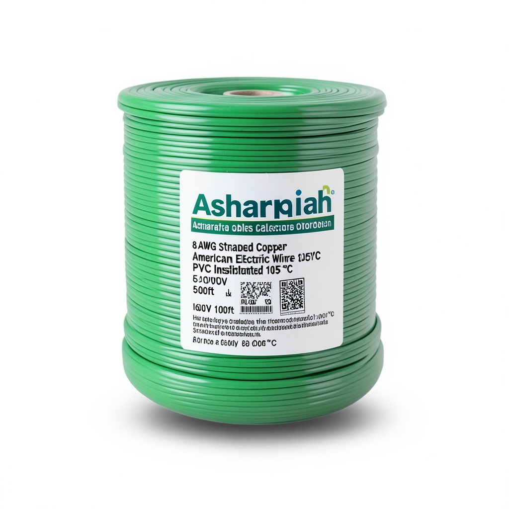 8 AWG Stranded Copper American Electric Wire PVC Insulated 105°C, Green, 600V, 500ft | Asharqiyah Cables Company for Industry