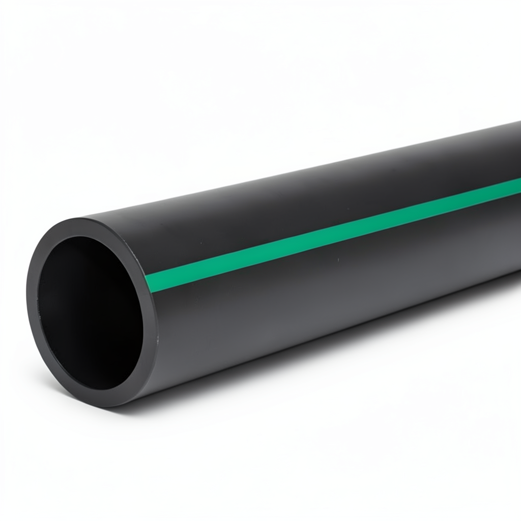 HDPE Polyethylene Pipe Nominal Pressure 15.9 Bar PE 63, 180 mm Diameter SDR 7.4 Black with Green Stripes