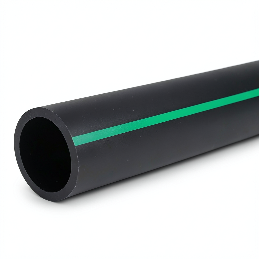 مواسير HDPE ضغط 15.9 بار [PE 63] قطر خارجي 200 مم SDR 7.4 لون أسود مع خط أخضر