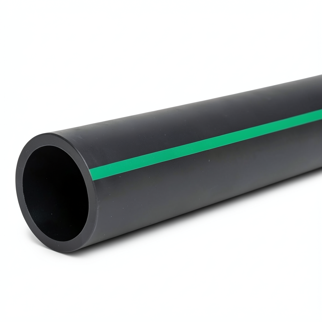 HDPE Plastic Pipe PN 15.9 Bar PE 63 OD 250 mm SDR 7.4 Black with Green Stripes