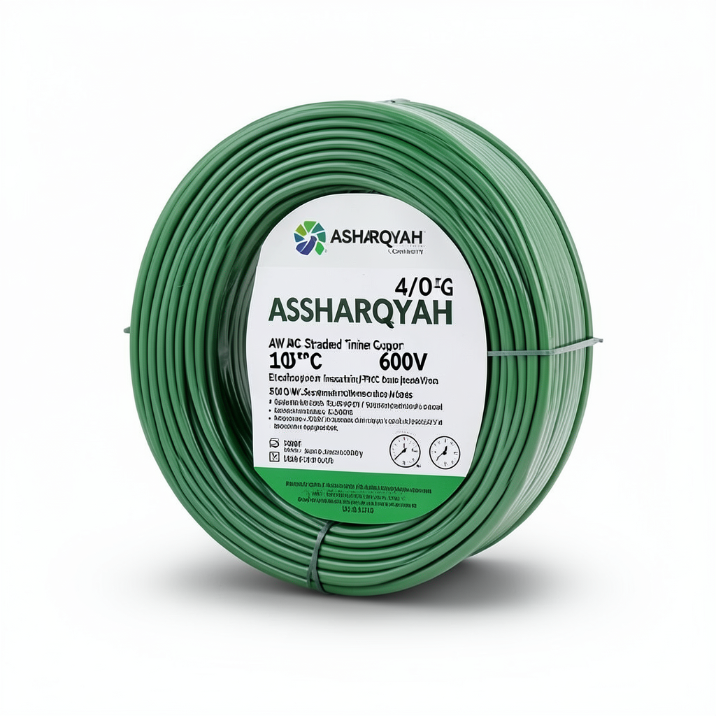 لفة سلك نحاس مجدول 4/0 AWG مطلي بالقصدير عزل PVC 105°C اخضر 600 فولت طول 500 قدم | شركة كابلات الشرقية للصناعة