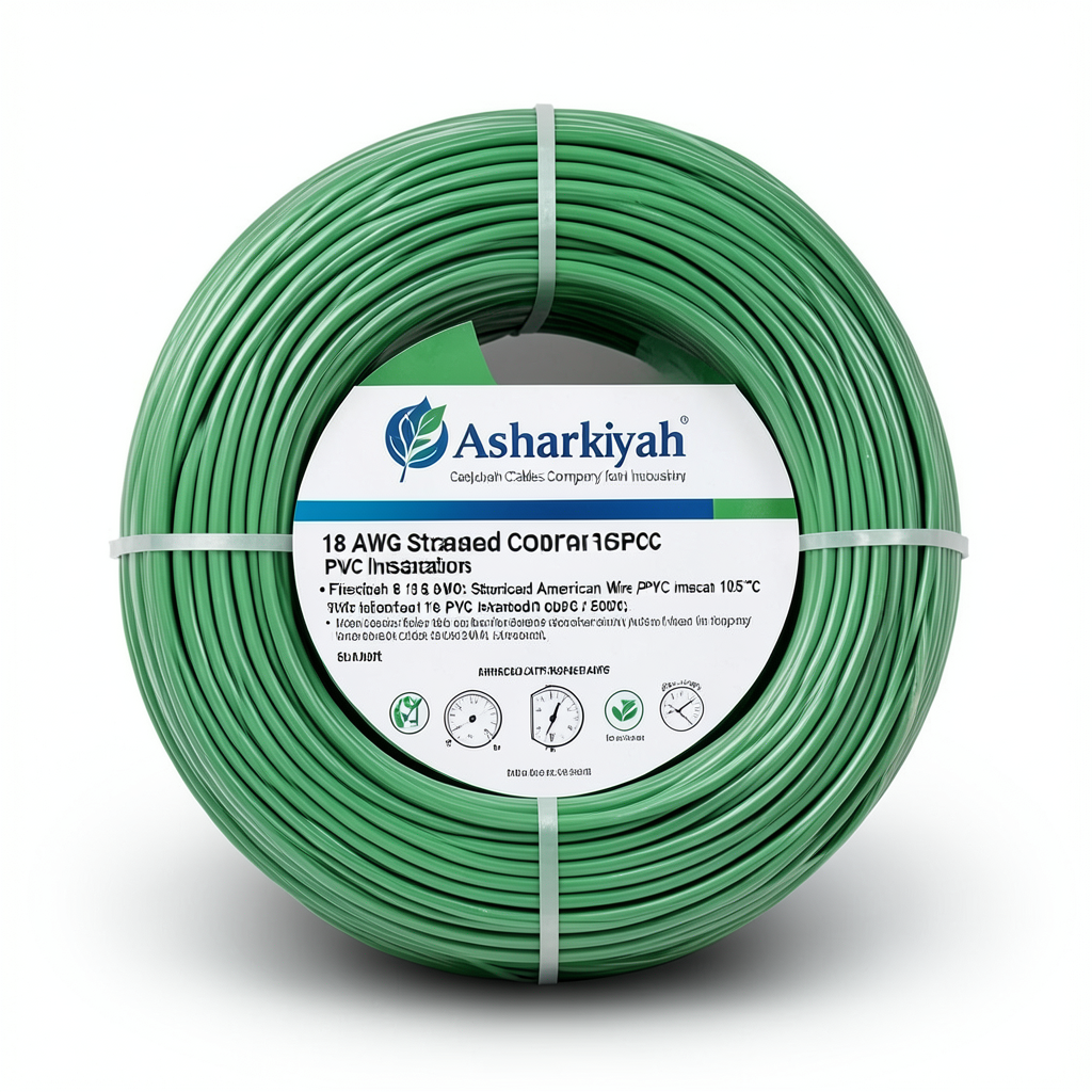 سلك كهرباء امريكي 18 AWG نحاس مجدول معزول PVC 105°C أخضر 600 فولت طول 2500 قدم | شركة كابلات الشرقية للصناعة