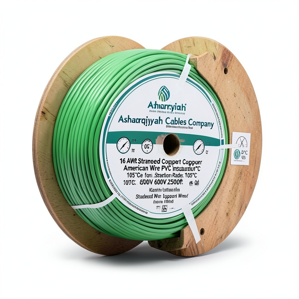 سلك امريكي 16 AWG نحاس مجدول معزول PVC 105°C أخضر 600 فولت 2500 قدم | شركة كابلات الشرقية للصناعة