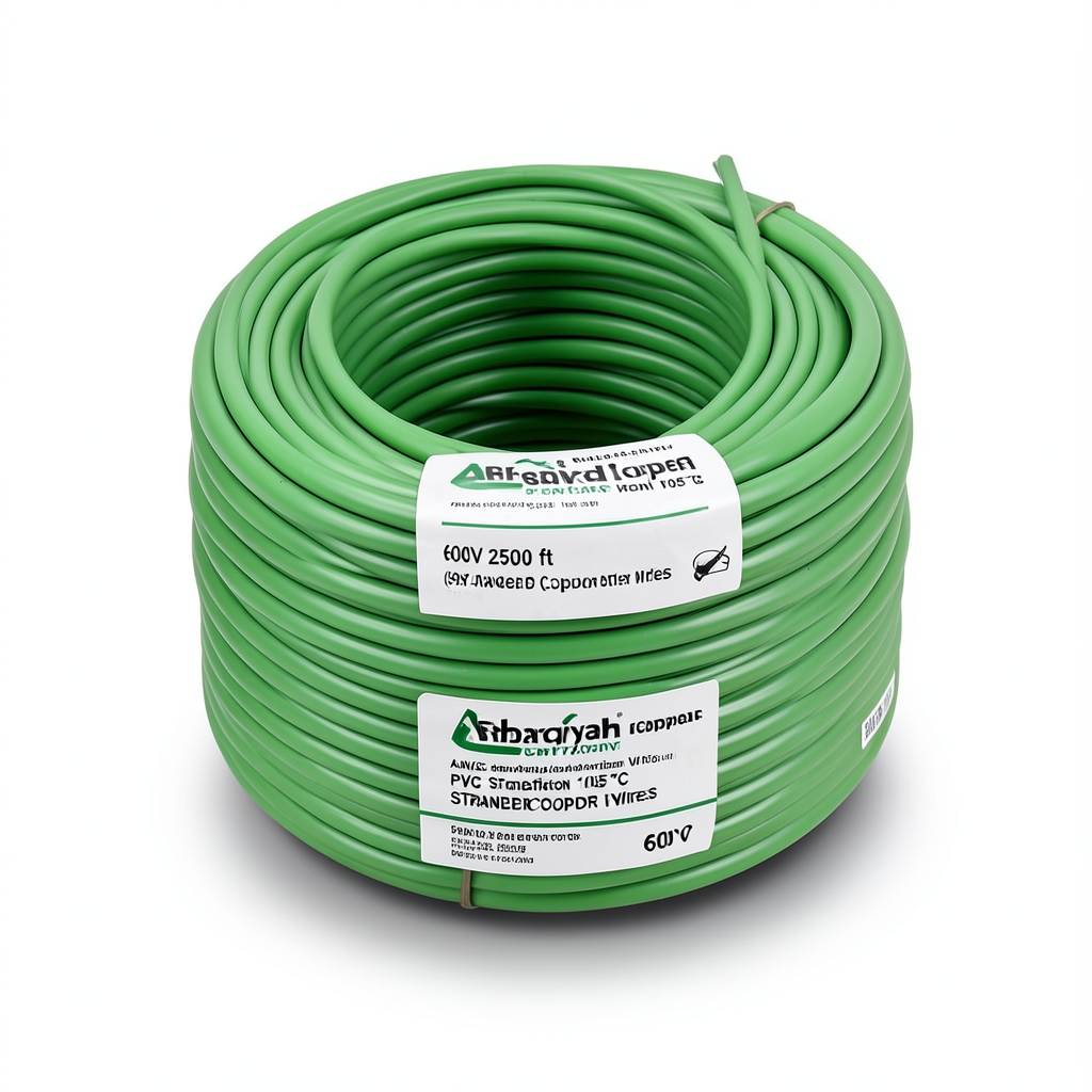 سلك كهرباء امريكي 14 AWG نحاس مجدول عزل PVC 105°C أخضر، 600 فولت، 2500 قدم | شركة كابلات الشرقية للصناعة
