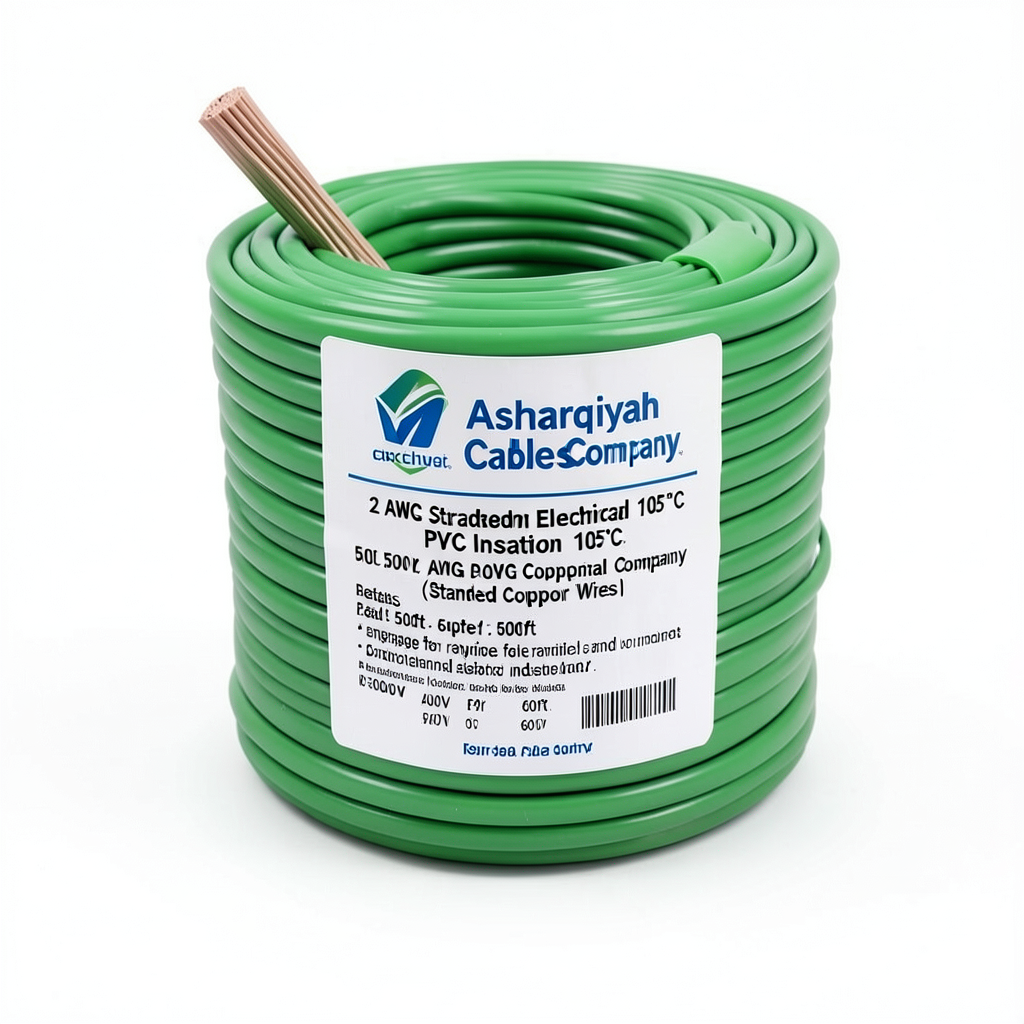 سلك كهربائي أمريكي 2 AWG نحاس مجدول معزول PVC 105°C، أخضر، 600 فولت، طول 500 قدم | شركة كابلات الشرقية للصناعة