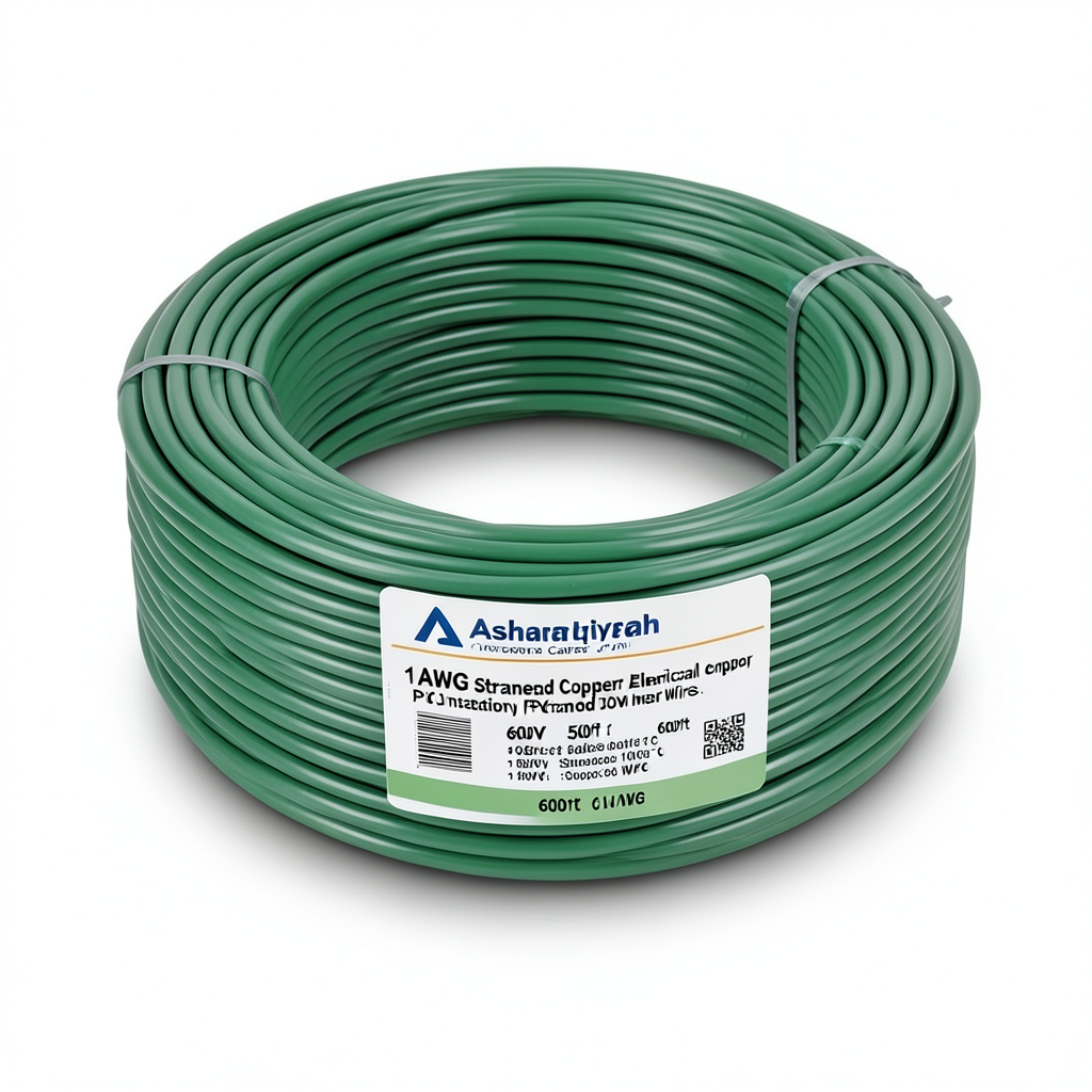 سلك امريكي 1 AWG نحاس مجدول عزل PVC 105°C أخضر، 600 فولت، 500 قدم | شركة كابلات الشرقية للصناعة