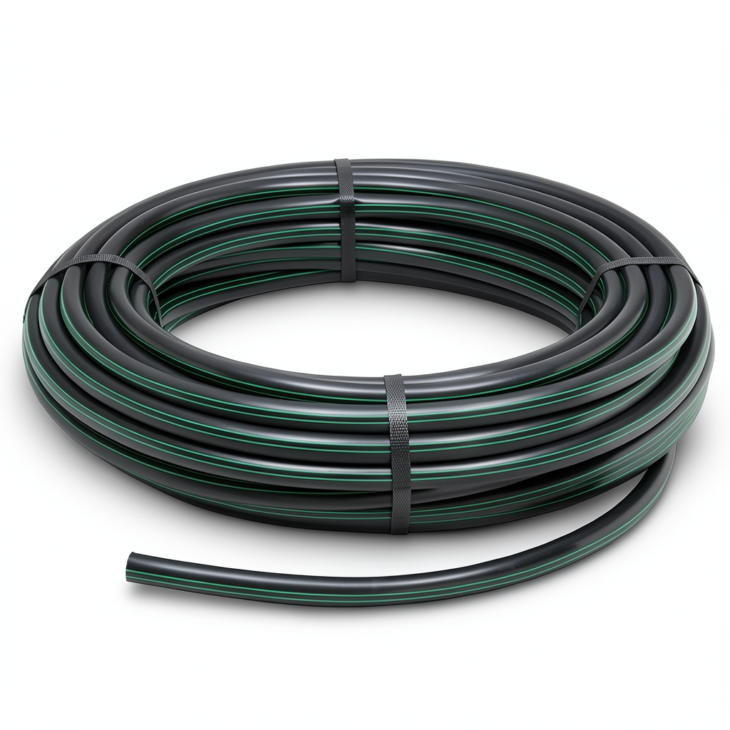 لفة أنابيب HDPE ضغط 4 بار PE 63 قطر خارجي 40 مم SDR 26 لون أسود مع خط أخضر
