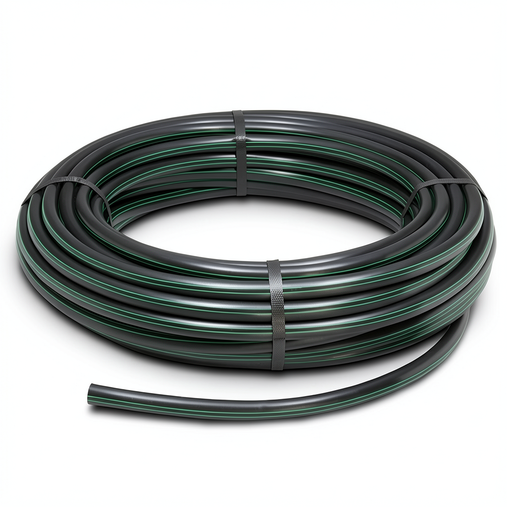 لفة أنابيب بلاستيك HDPE ضغط 4 بار PE 63 قطر خارجي 90 مم SDR 26 أسود مع خطوط خضراء
