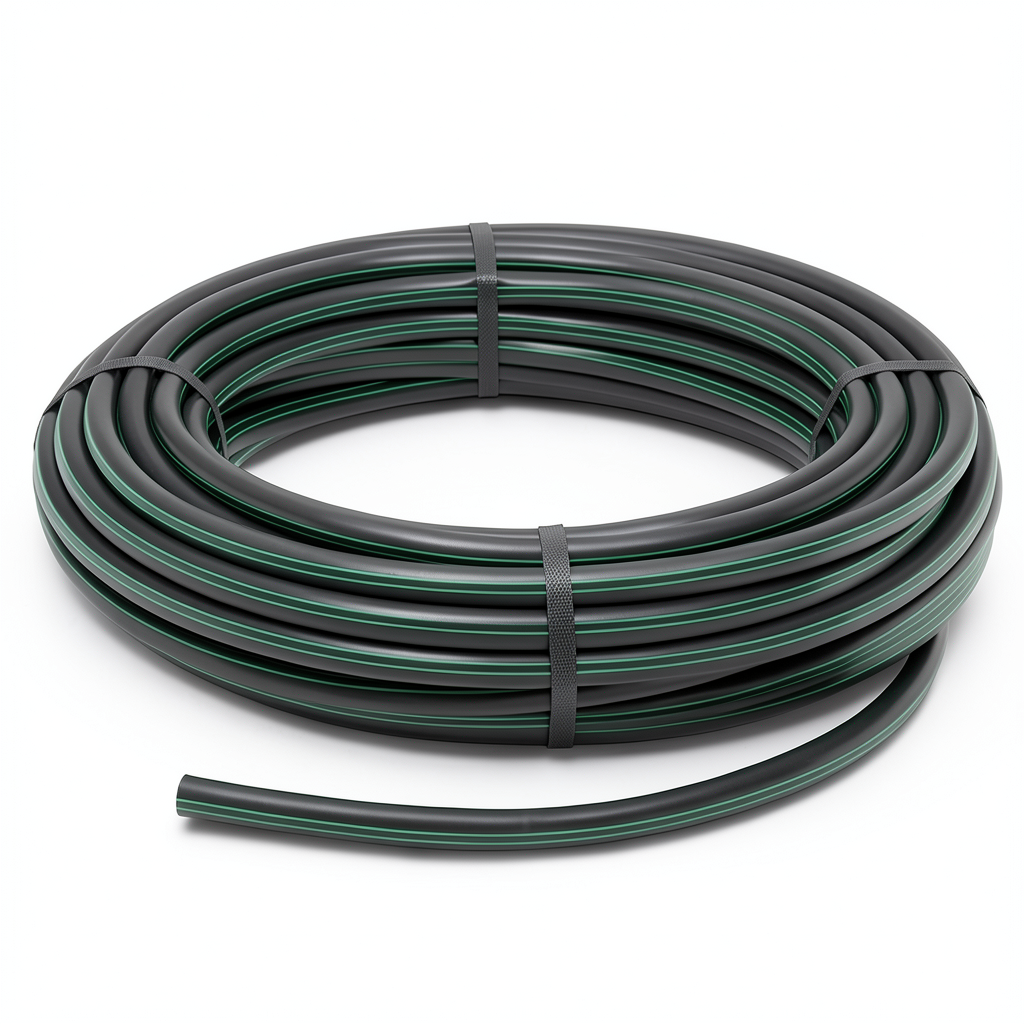 لفة أنابيب بلاستيك HDPE ضغط 4 بار PE 63، قطر خارجي 110 مم، SDR 26 أسود مع خط أخضر