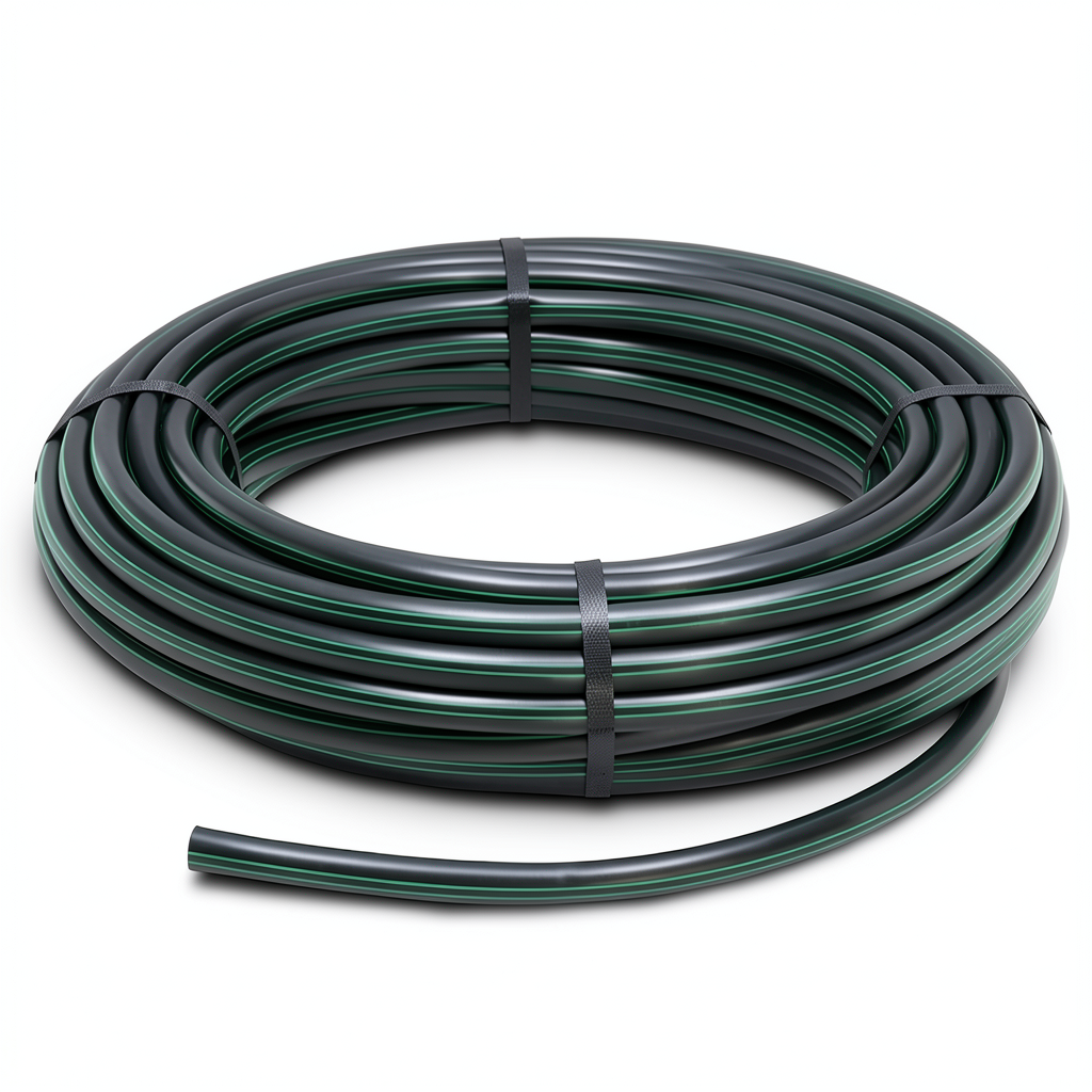 HDPE Plastic Coil Pipe Nominal Pressure 4 Bar PE 63 Outside Diameter 125 mm SDR 26 Black with Green Stripes