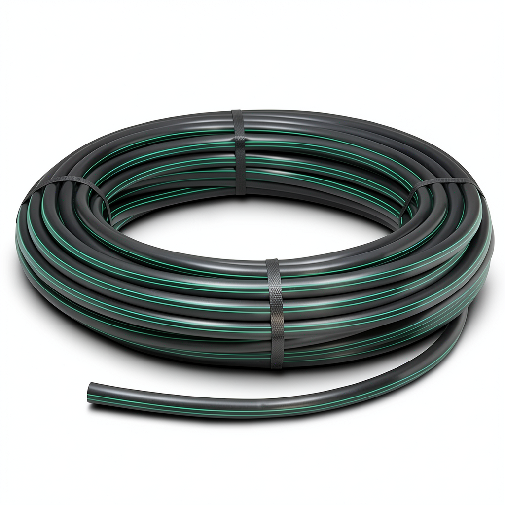 لفة أنابيب HDPE ضغط 4 بار PE 63 قطر خارجي 140 مم SDR 26 أسود مع خطوط خضراء