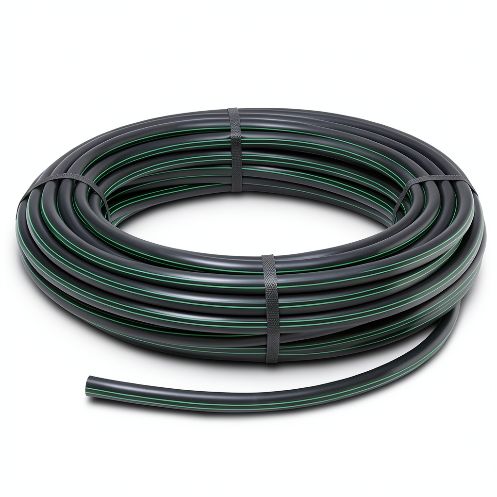 لفة أنابيب بلاستيك HDPE ضغط 6 بار PE 63 قطر خارجي 32 مم SDR 17.6 أسود مع خطوط خضراء