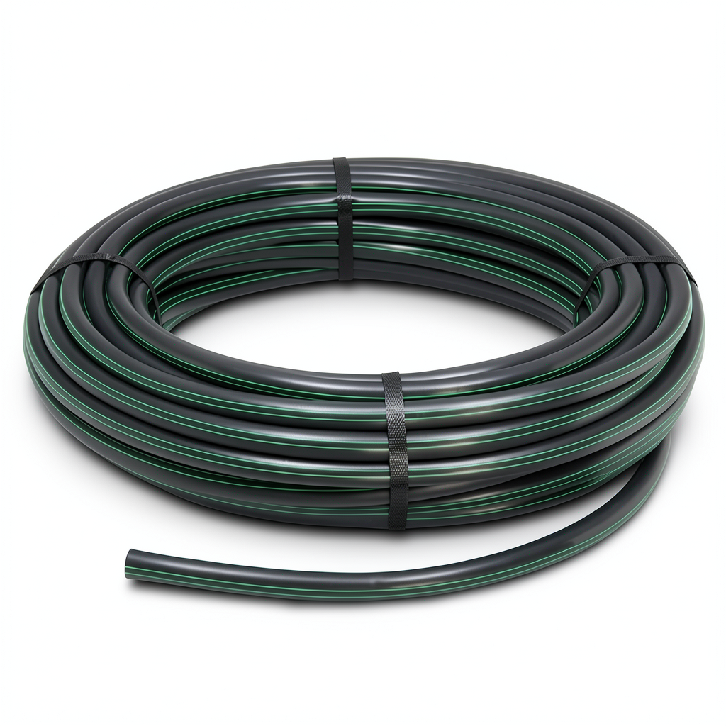 لفة أنابيب HDPE ضغط 6 بار PE 63، قطر خارجي 40 مم SDR 17.6 أسود مع خط أخضر