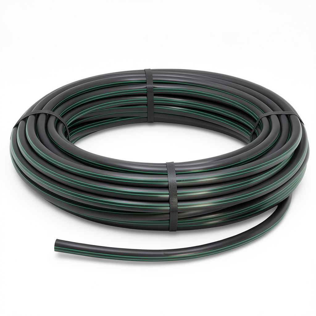 لفة أنابيب بلاستيك HDPE ضغط 6 بار PE 63 قطر خارجي 63 مم SDR 17.6 أسود مع خطوط خضراء