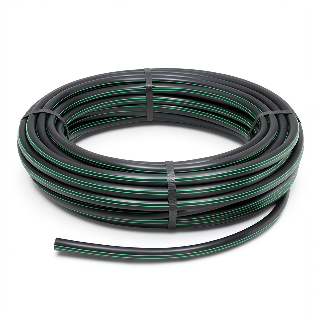 HDPE Plastic Coil Pipe Nominal Pressure 6 Bar PE 63, 90 mm SDR 17.6 Black with Green Stripes