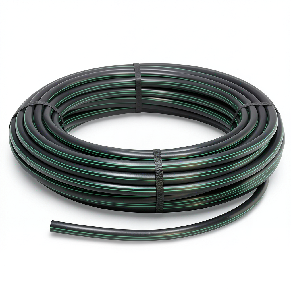 لفة أنابيب HDPE ضغط 4 بار PE 63 قطر خارجي 40 مم SDR 26 لون أسود مع خط أخضر