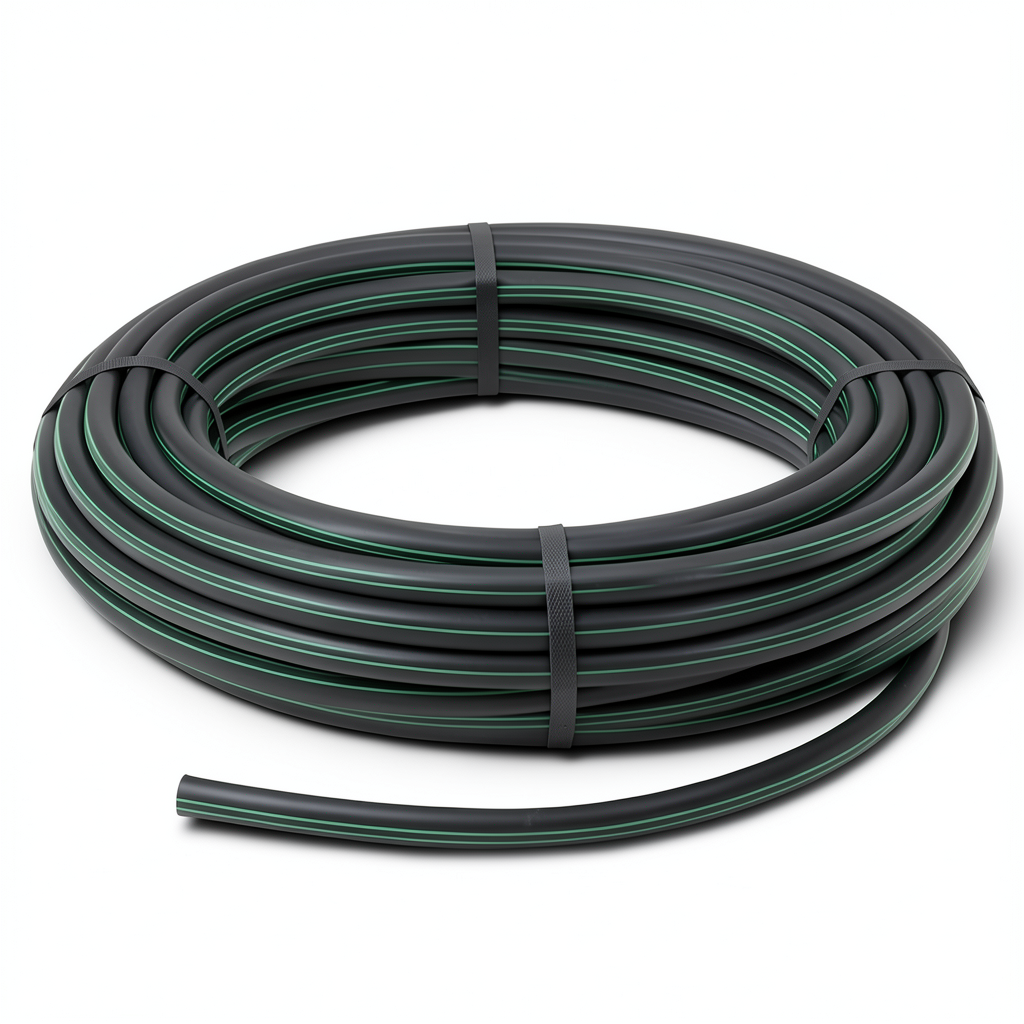 لفة أنابيب بلاستيك HDPE ضغط 4 بار PE 63، قطر خارجي 110 مم، SDR 26 أسود مع خط أخضر