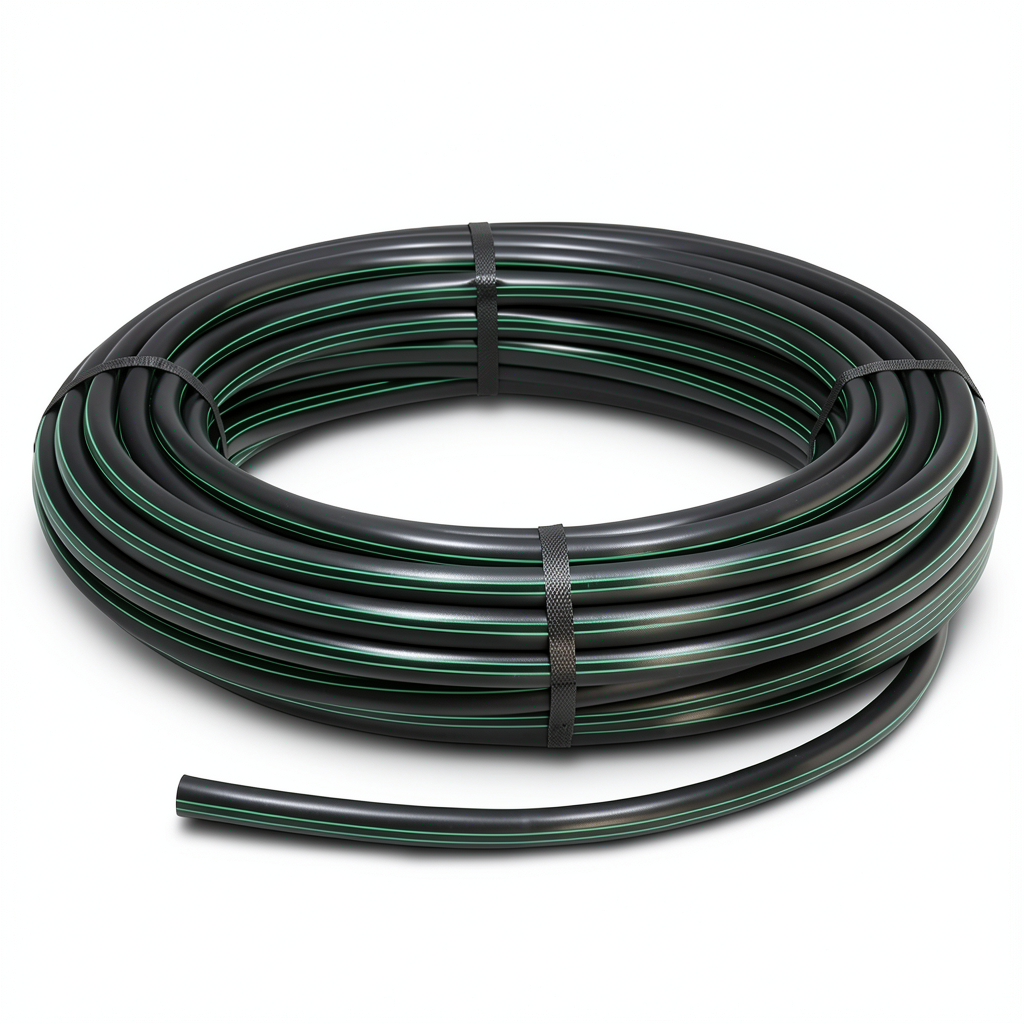 لفة أنابيب HDPE ضغط 4 بار PE 63 قطر خارجي 140 مم SDR 26 أسود مع خطوط خضراء